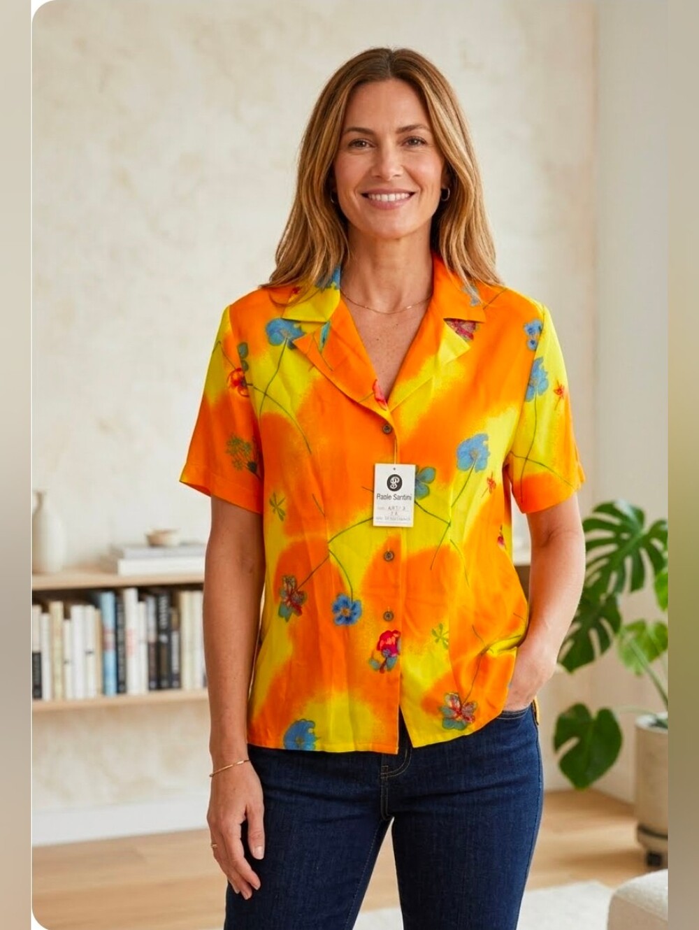 NWT Paolo Santini Vtg 14 Orange Yellow 100%Silk Floral ButtonDown Shirt Blouse